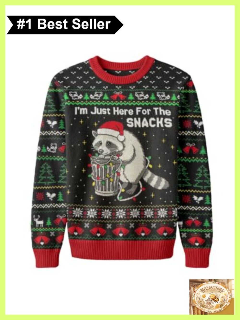 Funny Raccoon Ugly Christmas Sweater 100% Acrylic Knit Pullover Holiday Party